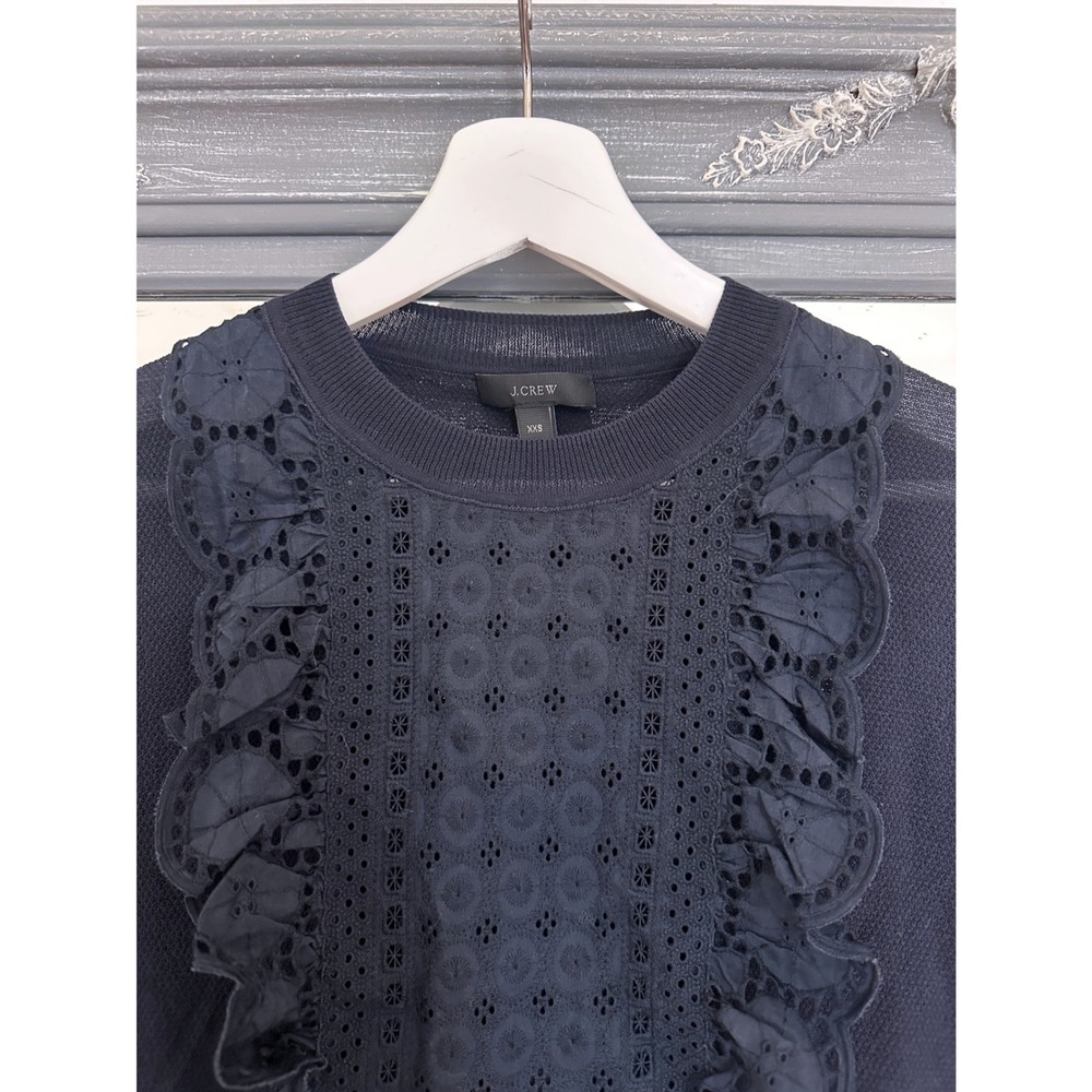 J.Crew Navy Blue Lace Eyelet Bib Ruffle Front Summerweight Cotton Sweater XXS - Picture 6 of 10